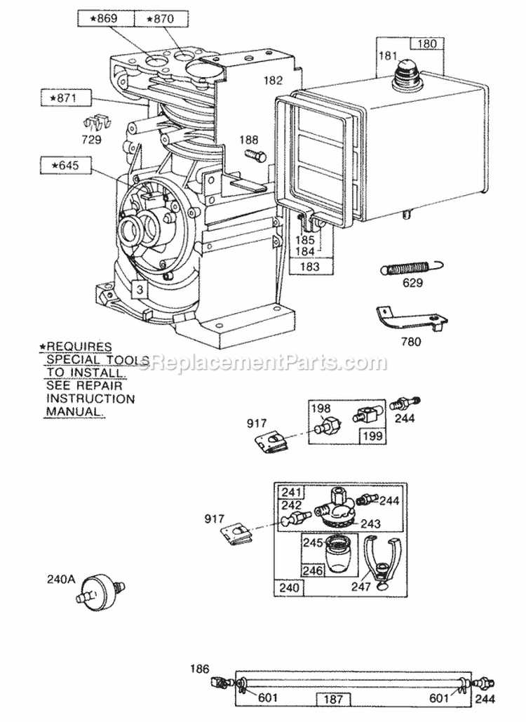 Fuel Tank Assembly Primer Diagram and Parts List for 195431-0210-04  Briggs and Stratton Engine
